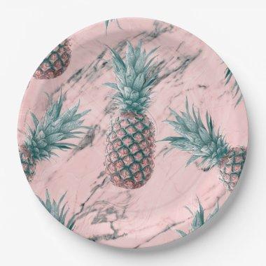 Pineapple Pink Marble Swirl Modern Party Paper Plates
