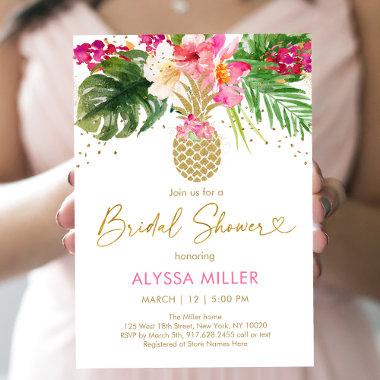 Pineapple Pink Tropical Floral Bridal Shower Invitations