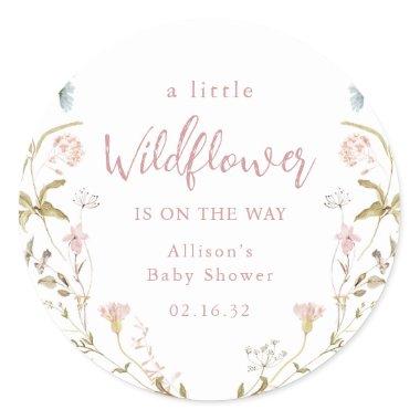 Pink A Little Wildflower Rustic Boho Baby Shower Classic Round Sticker