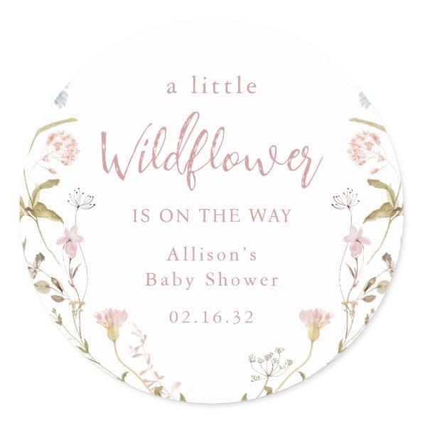 Pink A Little Wildflower Rustic Boho Baby Shower Classic Round Sticker