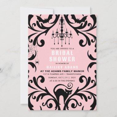 Pink and Black Damask Glam Halloween Bridal Shower Invitations
