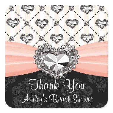 Pink and Black Diamond Heart Thank You Sticker Lab