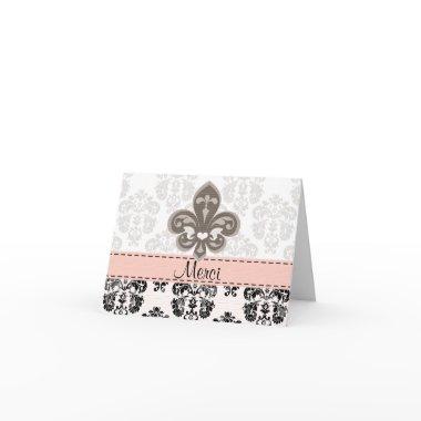 Pink and Black Fleur de Lis Merci Thank You Invitations