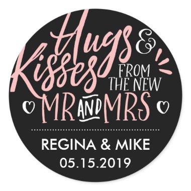 Pink and Black Hugs and Kisses From New Mr and Mrs Classic Round Sticker
