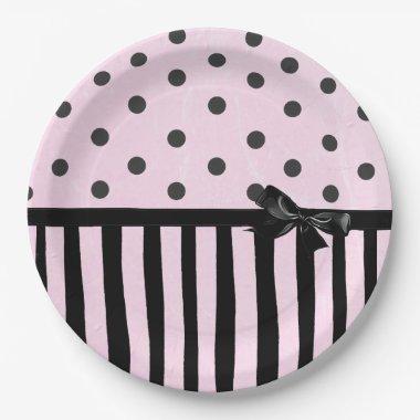 Pink and Black Polka Dot Striped Party Paper Plate