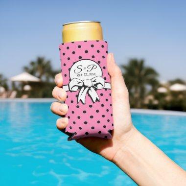 Pink and Black Polka Dot White Bow Personalized Seltzer Can Cooler
