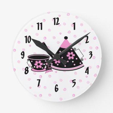 Pink and Black Teapot Kitchen Clock