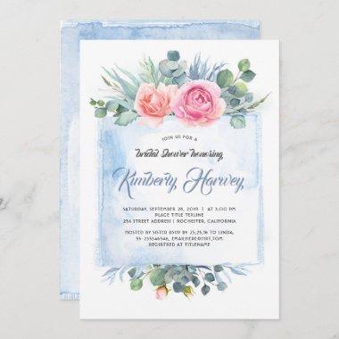 Pink and Dusty Blue Floral Bridal Shower Invitations