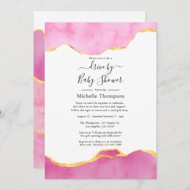 Pink and Gold Agate Drive By Shower Invitations