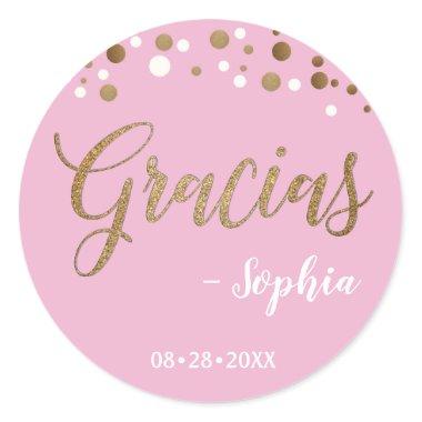 Pink and Gold Confetti Gracias Thank You birthday Classic Round Sticker