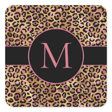 Pink and gold glitter leopard print party invitati square sticker