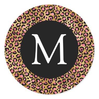 Pink and Gold Leopard Print Monogram Classic Round Sticker
