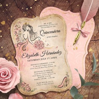 Pink and Gold Princess Quinceanera Birthday Invitations
