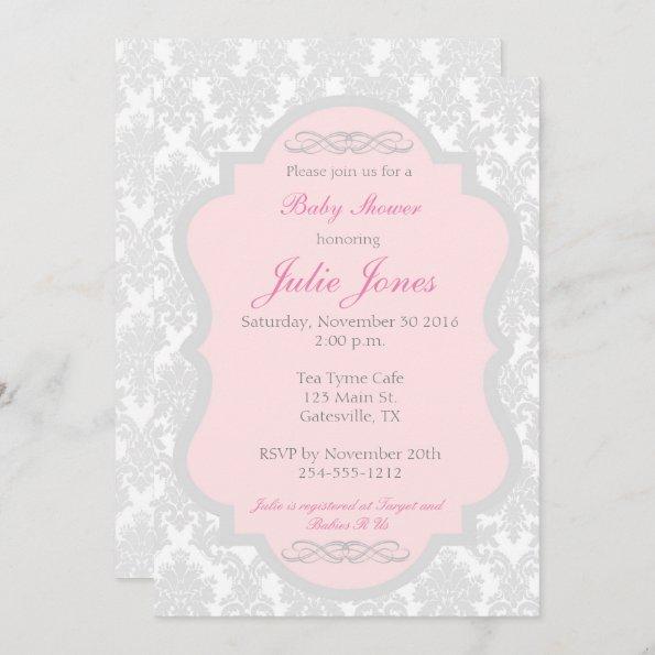 Pink and Gray Damask Baby Shower Invitations