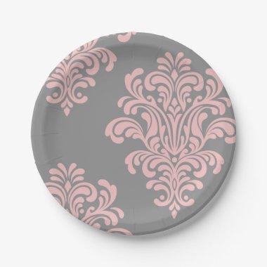 Pink and Gray Damask Pattern Paper Plates