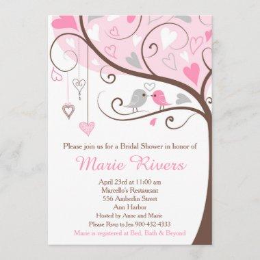 Pink and Gray Floral Bird Bridal Shower Invitations