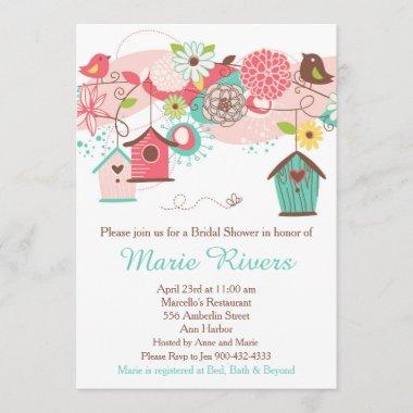 Pink and Green Floral Bird Cages Bridal Shower Invitations