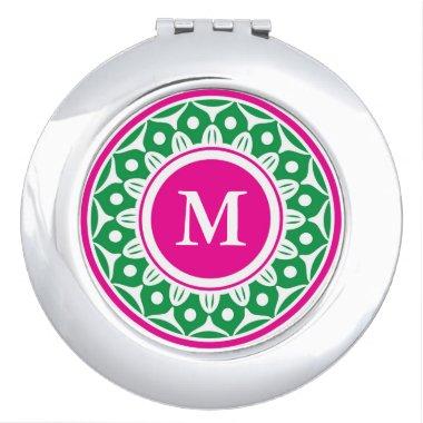 Pink and Green Floral Pattern Monogram Compact Mirror