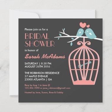 Pink and Grey Bird Cage Lovebirds Invitations