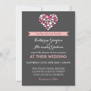 Pink and Grey Love and Heart Wedding Invitations