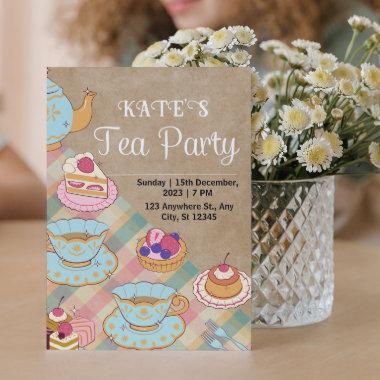 Pink and light blue feminine Tea Party Invitations