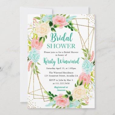 Pink and Mint Flowers Gold Frame Bridal Shower Invitations