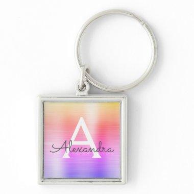 Pink and Purple Faux Stainless Steel Monogram Keychain