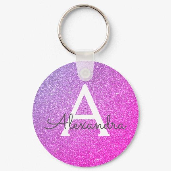 Pink and Purple Glitter & Sparkle Monogram Favor Keychain