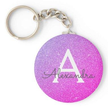 Pink and Purple Glitter & Sparkle Monogram Favor Keychain
