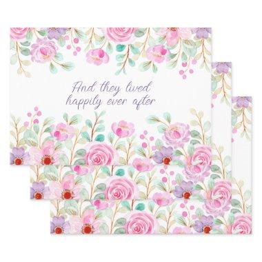 Pink and Purple Watercolor Flowers Frame Wrapping Paper Sheets