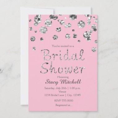 Pink and Silver Glitter Bridal Shower Invitations