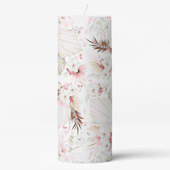 Pink and White Flowers Elegant Botanical Boho Pillar Candle