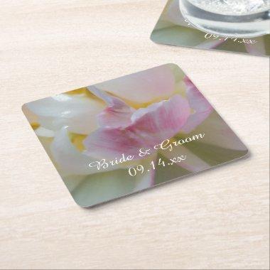 Pink and White Tulip Flower Spring Wedding Square Paper Coaster
