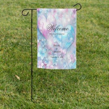Pink Aqua Hearts and Flowers Garden Flag