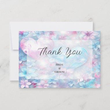 Pink Aqua Hearts and Flowers Thank You Invitations