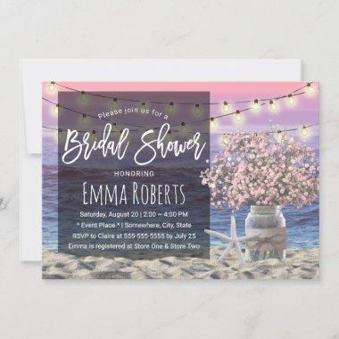 Pink Babys Breath Jar Beach Starfish Bridal Shower Invitations