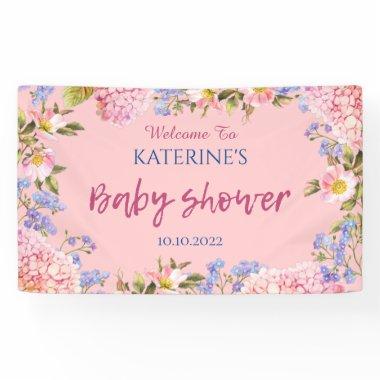 Pink Background Floral Border Welcome Baby Shower Banner