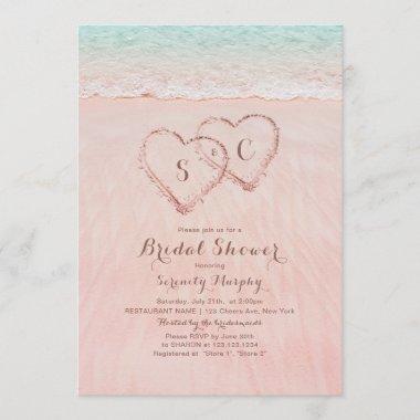 Pink beach hearts in the sand bridal shower Invitations