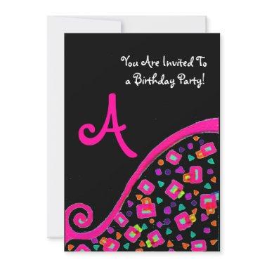 PINK BLACK ABSTRACT DECO BIRTHDAY PARTY MONOGRAM Invitations