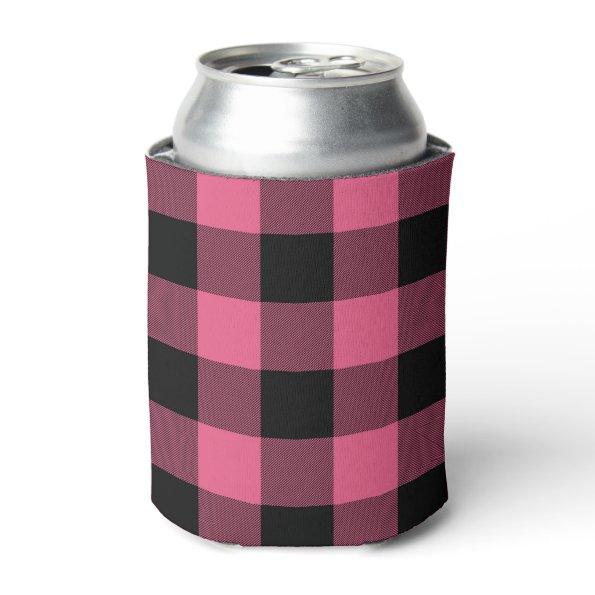 Pink & Black Checkered Squares Buffalo Plaid Can Cooler