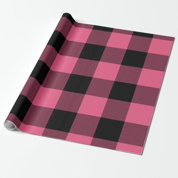 Pink & Black Checkered Squares Buffalo Plaid Wrapping Paper
