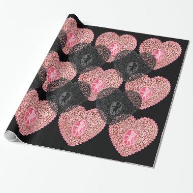 PINK BLACK CUPID LACE HEARTS Valentine's Day Wrapping Paper
