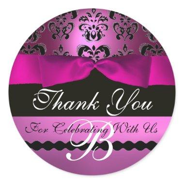 PINK BLACK DAMASK RIBBON MONOGRAM Purple Violet Classic Round Sticker