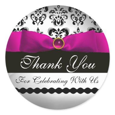 PINK BLACK DAMASK RIBBON MONOGRAM Purple Violet Classic Round Sticker