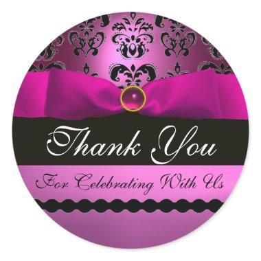 PINK BLACK DAMASK RIBBON MONOGRAM Purple Violet Classic Round Sticker