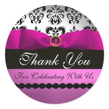 PINK BLACK DAMASK RIBBON MONOGRAM Purple Violet Classic Round Sticker