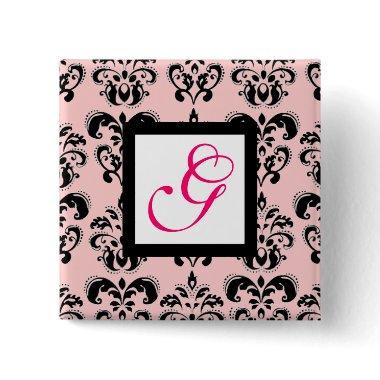 PINK BLACK DAMASK WHITE SQUARE MONOGRAM Fuchsia Pinback Button