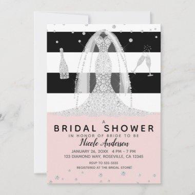 Pink Black Diamond Wedding Dress Bridal Shower Invitations