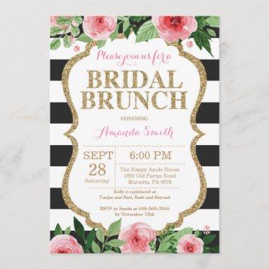 Pink Black Gold Bridal Brunch Invitations Floral