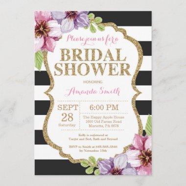 Pink Black Gold Bridal Shower Invitations Floral